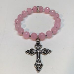 Pink Beaded Bracelet SilverTone Rhinestone Cross